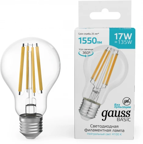Лампочка светодиодная филаментная Gauss Filament 10212272 А60 17W 1550lm 4100К Е27 LED