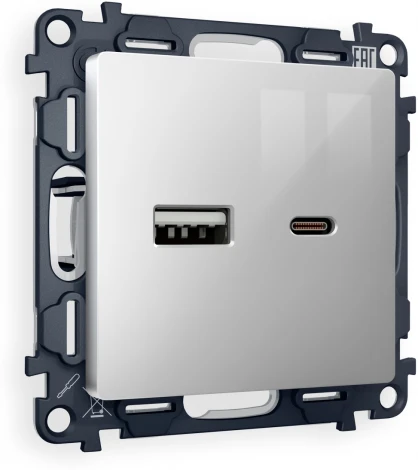 Комплект механизма Ambrella Volt розетки ALFA MA411010 Серебро глянец 2USB A+C 20W быстрая зарядка QUANT