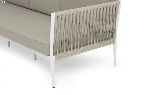 "Касабланка" диван 3-местный плетеный из роупа, каркас алюминий белый муар, роуп бежевый 20мм, ткань бежевая 15052 4SIS KAS-S-3-001 W Mua beige(beige15052)