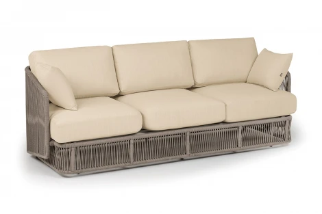 "Альбано" диван 3-местный плетеный из роупа, каркас алюминий светло-серый (RAL7035) муар, роуп серый меланж круглый, ткань Mossle светло-бежевая 4SIS арт.УТ-00009454