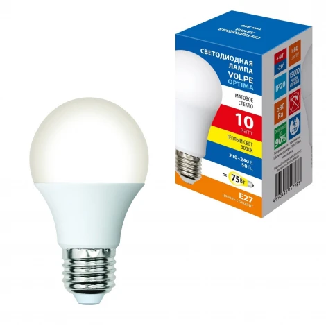 Лампа светодиодная, матовая, теплый белый свет 3000K Volpe Optima LED-A60-10W/3000K/E27/FR/SLS