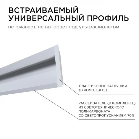 Профиль алюминиевый для светодиодной ленты встраиваемый, серебро, 2 метра, шир. ленты до 10мм, (рассеиватель белый матовый, заглушки - 2шт.) Apeyron 08-42