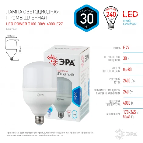 Лампочка светодиодная E27 30W ЭРА LED POWER T100-30W-4000-E27