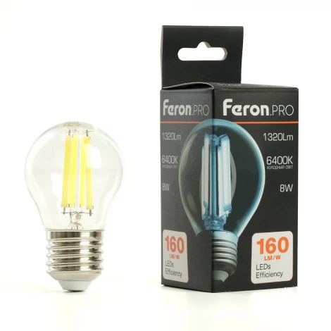 Лампа светодиодная филамент G45 шар 8W 175-265V E27 6400К Feron LB-1708 51255