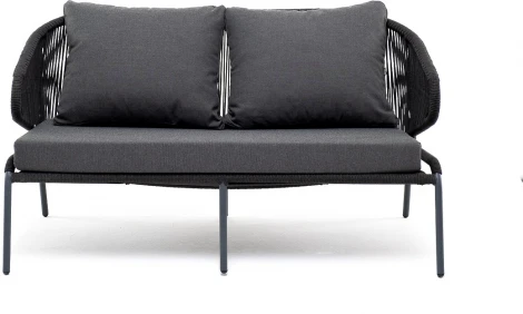 "Милан" диван 2-местный плетеный из роупа, каркас алюминий темно-серый (RAL7024) муар, роуп темно-серый круглый, ткань темно-серая 027 4SIS арт.УТ-00006846