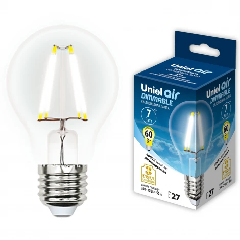Лампочка светодиодная шар прозрачная E27 7W 4000K Uniel LED-A60-7W/NW/E27/CL/DIM GLA01TR