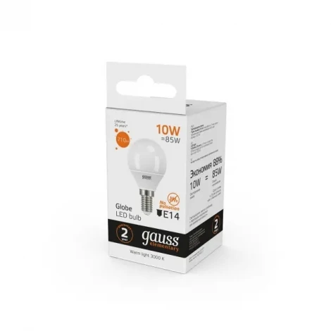 Лампочка светодиодная E14 10 Вт 880 lm 3000K теплое желтое свечение Gauss Elementary 53110