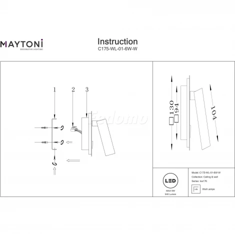 Настенный светильник (бра) Ios 176 3000К 9Вт IP 20 LED Maytoni Technical C175-WL-01-6W-W (220V, выключатель)