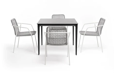 "Малага" обеденная группа на 4 персоны со стульями "Тунис", каркас белый, роуп светло-серый 4SIS арт.УТ-00005714