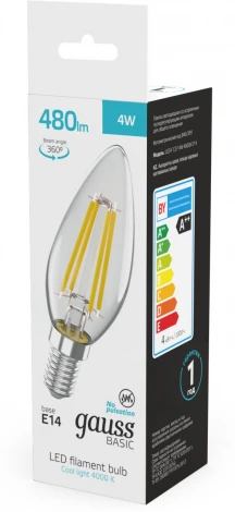 Лампочка светодиодная филаментная Gauss Filament 50312242 Свеча 4W 480lm 4000K E14 LED