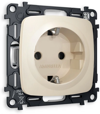 Комплект механизма Ambrella Volt электрической розетки OMEGA MO326010 Бежевый матовый с заземлением на винтовых зажимах 2P+E 16A-250V QUANT