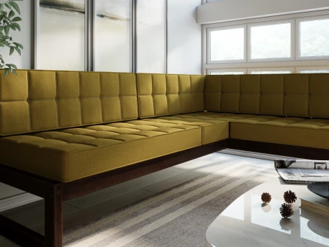 Диван Arsko угловой Сега У орех рогожка горчичная