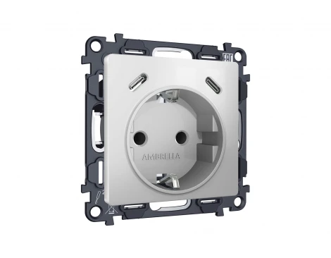 Комплект механизма электрической розетки с заземлением с 2хUSB Type-C встраиваемый (серебро глянец) Ambrella Volt QUANT MA410510
