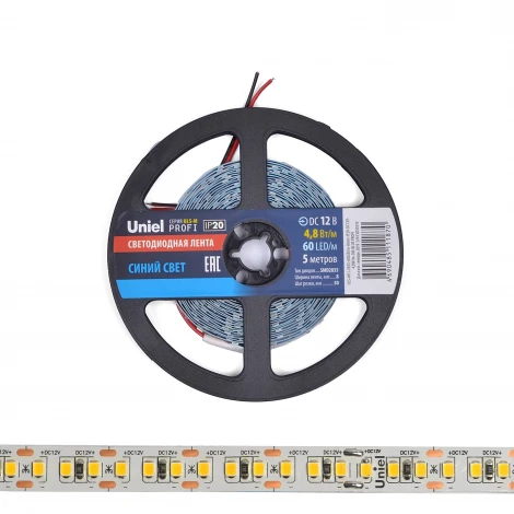 Светодиодная лента Uniel ULS-M11-2835-60LED/m-8mm-IP20-DC12V-4,8W/m-5M-BLUE PROFI катушка в герметичной упаковке