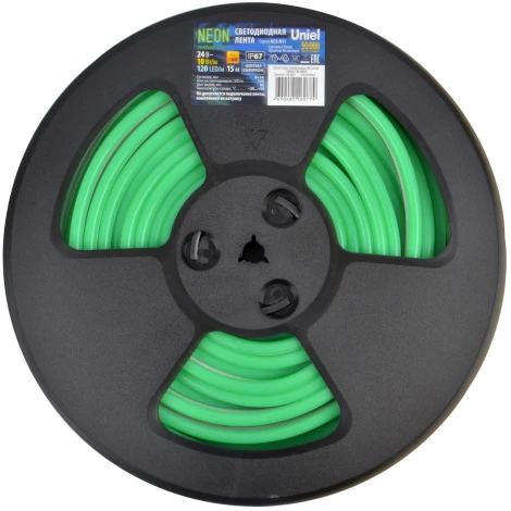 Светодиодная гибкая герметичная лента Neon 15 м. Neon ULS-N11-2835-120LED/m-8mm-IP67-DC24V-10W/m-15M-GREEN катушка в герметичной упаковке