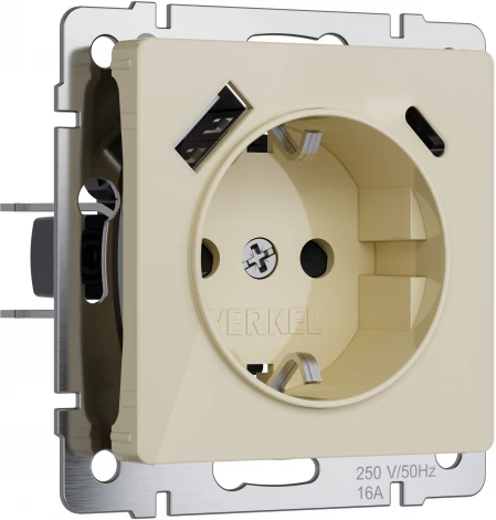 Розетка с заземлением,шторками и USB Type A+С (айвори акрил) Werkel W1171208 (a064131)