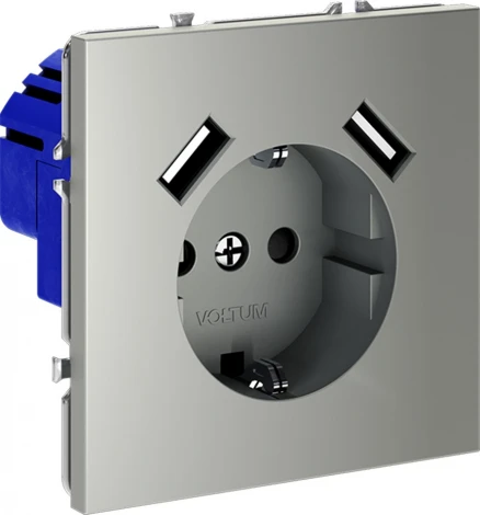 Розетка с заземлением, шторками и USBх2 (сталь) Voltum S70 VLS040405