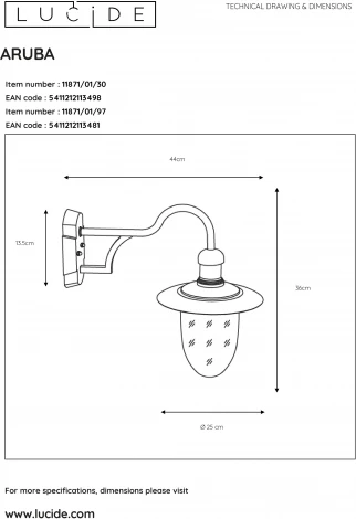 Настенный фонарь уличный Lucide Aruba 11871/01/97 (220V, IP44)