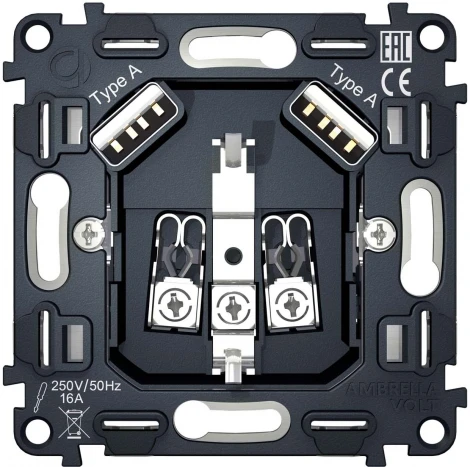Механизм электрической розетки Ambrella Volt 2USB A+A 18W быстрая зарядка с заземлением на винтовых зажимах 16A 250V QUANT VM155