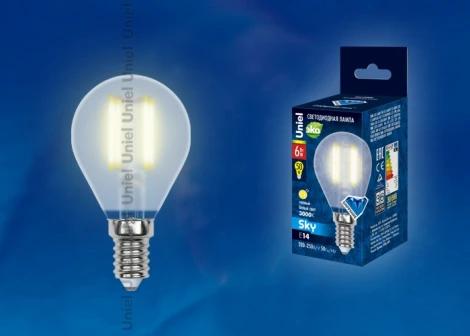 Лампочка светодиодная груша прозрачная E14 6W 3000K Uniel LED-G45-6W/WW/E14/FR PLS02WH