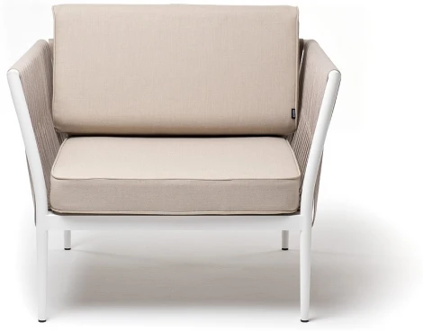 "Касабланка" кресло плетеное из роупа, каркас алюминий белый муар, роуп бежевый 20мм, ткань бежевая 052 4SIS арт.УТ-00007006