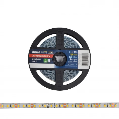 Светодиодная лента Uniel ULS-M13-2835-120LED/m-8mm-IP20-DC12V-9,6W/m-5M-4000K PROFI катушка в герметичной упаковке