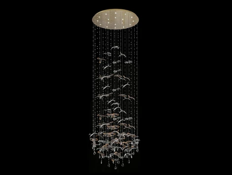 Потолочная люстра водопад с стеклянными подвесками птички Newport 8200 8220/300 С gold polished