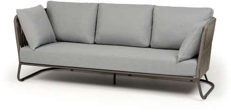 "Багамы" диван 3-местный плетеный из роупа, каркас алюминий бежево-серый (RAL7006) муар, роуп серо-коричневый 23мм, ткань светло-серая 4SIS арт.УТ-00009607