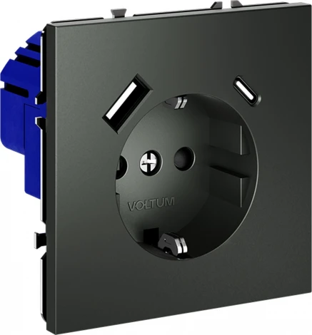 Розетка с заземлением, шторками и USB Type A+С (титан) Voltum S70 VLS040506