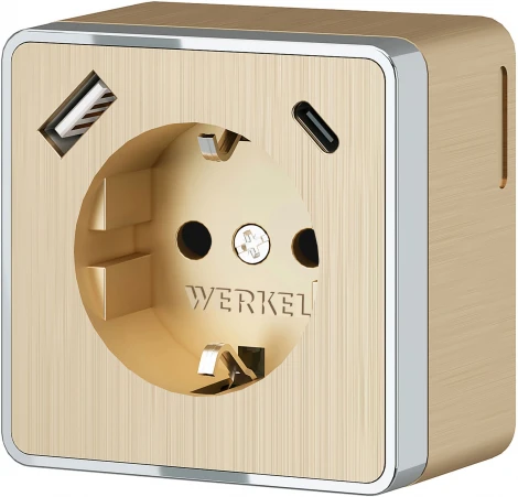 Розетка с заземлением,шторками и USB Type A+С (шампань рифленый) Werkel W5071710 (a057703)