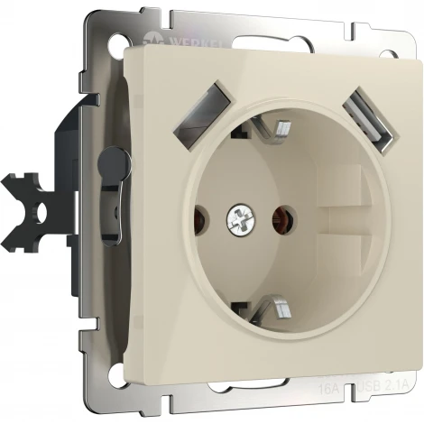 Розетка с заземлением, шторками и USBх2 (слоновая кость) Werkel W1171503 (a051486)