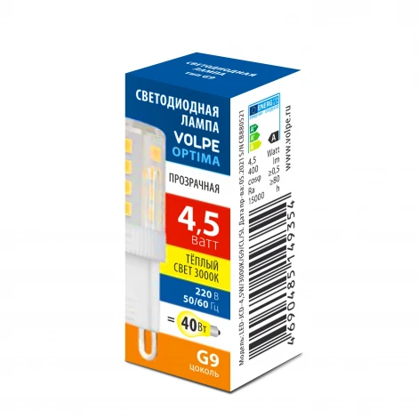 Лампа светодиодная, прозрачная. теплый белый свет 3000K Volpe Optima LED-JCD-4,5W/3000K/G9/CL/SLS