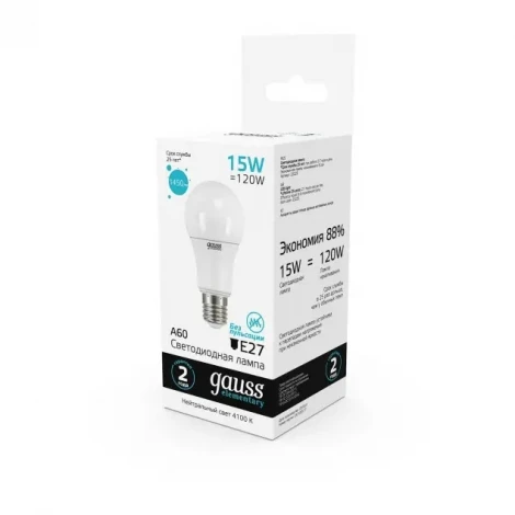 Лампочка светодиодная E27 15 Вт 1450 lm 4100K нейтральное белое свечение Gauss Elementary 23225