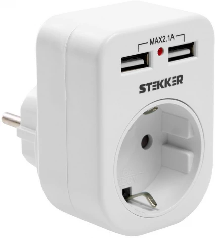 Адаптер переходник с заземлением и 2xUSB (белый) Stekker 39626