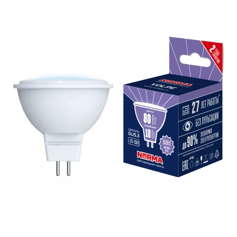 Лампа светодиодная, форма "JCDR", матовая, дневной белый свет 6500K Volpe Norma LED-JCDR-10W/6500K/GU5.3/NR