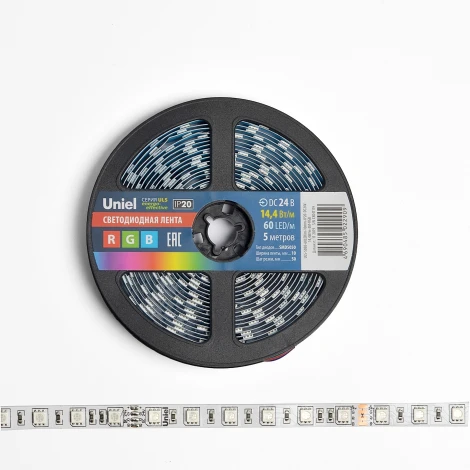 Гибкая светодиодная лента на самоклеящейся основе. катушка 5 м, мультиколор. Uniel ULS-5050-60LED/m-10mm-IP20-DC24V-14,4W/m-5M-RGB катушка в герметичной упаковке