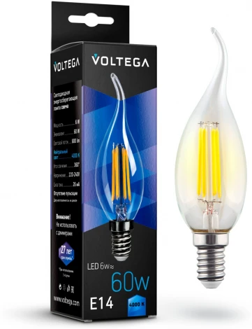 Лампочка светодиодная свеча на ветру прозрачная колба E14 6 Вт 600 lm 4000K нейтральное белое свечение Voltega Crystal 7018
