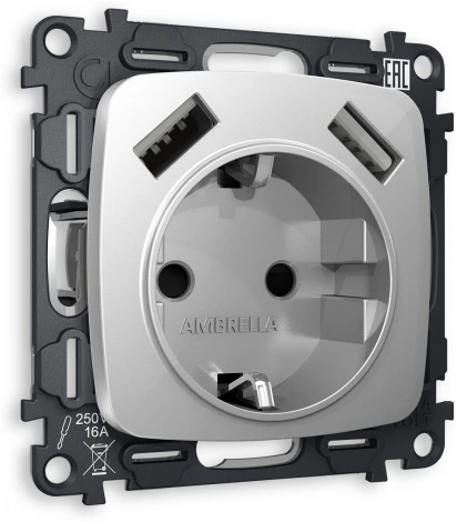 Комплект механизма Ambrella Volt электрической розетки OMEGA MO409010 Серебро глянец 2USB A+A 18W быстрая зарядка с заземлением и шторками 2P+E 16A-250V QUANT