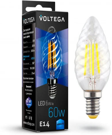 Лампочка светодиодная свеча прозрачная колба E14 6 Вт 600 lm 4000K нейтральное белое свечение Voltega Crystal 7028