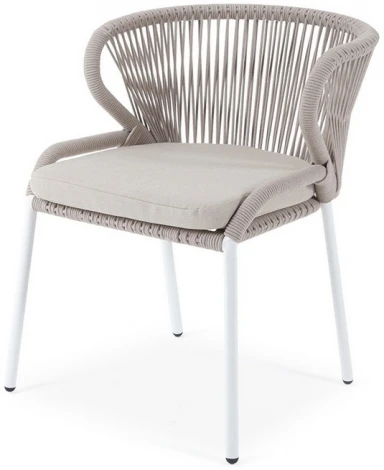 "Милан" стул плетеный из роупа, каркас алюминий белый муар, роуп бежевый круглый, ткань бежевая 052 4SIS арт.УТ-00008596