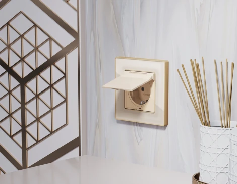 Лицевая панель Ambrella Volt ALFA (Бежевый матовый) для электрической розетки с/з со шторками и крышкой IP44 QUANT AP3280