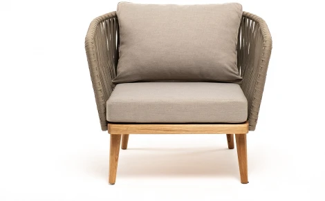 "Мальорка" кресло плетеное из роупа, основание дуб, роуп серо-коричневый 23мм, ткань бежевая 052 4SIS арт.УТ-00007641