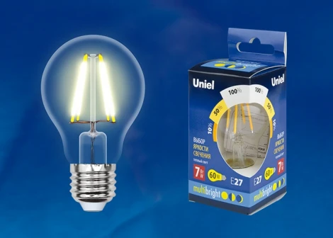 Лампочка светодиодная шар прозрачная E27 7W 3000K Uniel LED-A60-7W/WW/E27/CL/MB GLM10TR