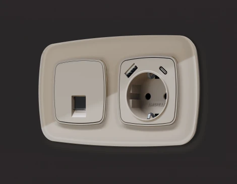 Лицевая панель Ambrella Volt OMEGA (Серо-бежевый матовый) для электрической розетки с/з со шторками 2USB тип A+C QUANT OP3700