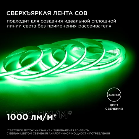 Светодиодная лента 24В 11Вт/м COB, 352д/м IP20 ширина подложки 10мм, 5м зеленый Apeyron 00-359