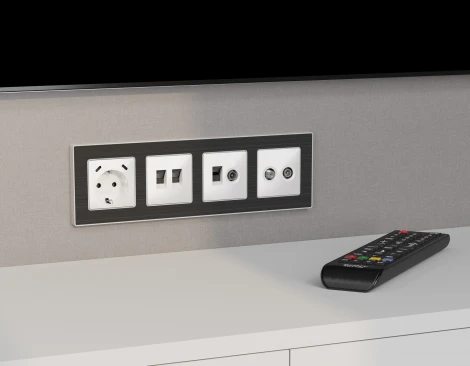 Комплект механизма ТВ-розетки оконечной и Ethernet RJ-45 розетки с автоматической защитной шторкой встраиваемый (белый глянец) Ambrella Volt QUANT MA112510