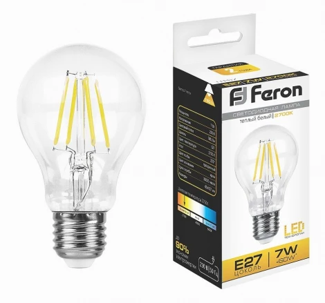 Лампочка светодиодная филаментная E27 7 Вт 740 lm 2700K теплое белое свечение Feron 25569