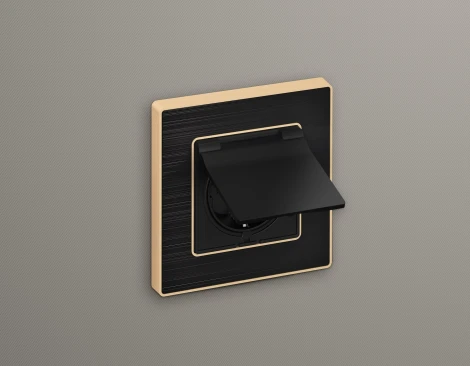 Лицевая панель Ambrella Volt ALFA (Черный матовый) для электрической розетки с заземлением со шторками и крышкой IP44 QUANT AP8080