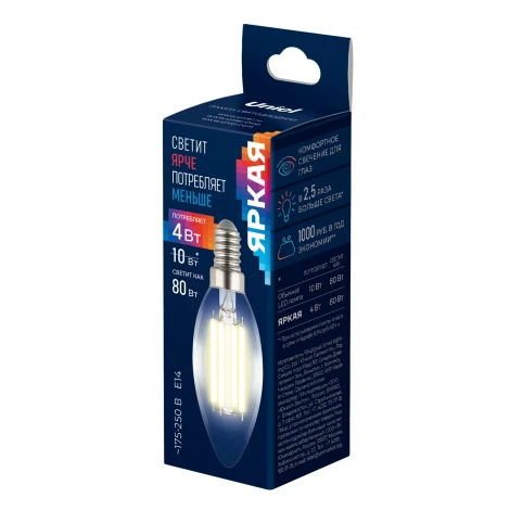 Лампа светодиодная, прозрачная, теплый белый свет 3000K Uniel Яркая A++ LED-C35-4W/3000K/E14/CL GLY01TR