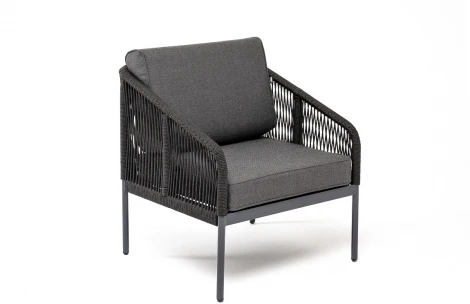 "Канны" кресло плетеное из роупа, каркас алюминий темно-серый (RAL7024) муар, роуп темно-серый круглый, ткань темно-серая 027 4SIS арт.УТ-00006613